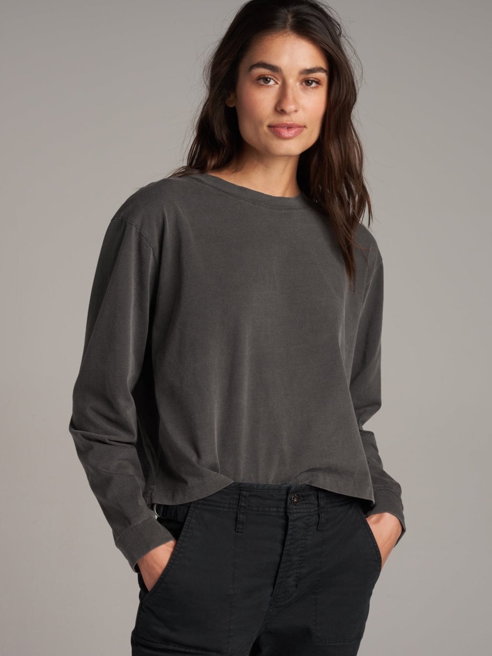 Relaxed Washed Long-Sleeve Crewneck Top - Dark Gray Size S 100% Cotton